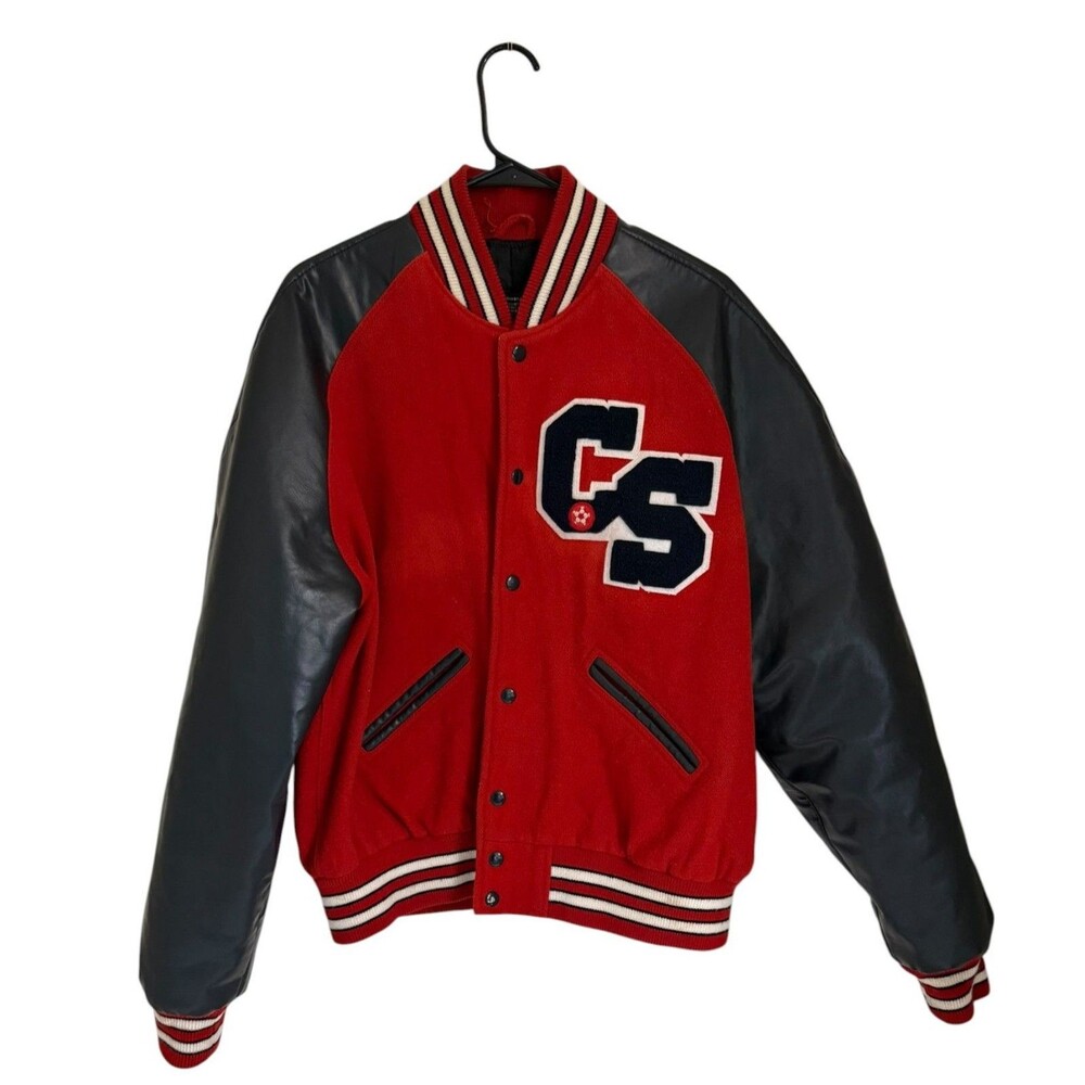 Powers Varsity Jacket Red Black Wool Faux Leather Snap Up Size L